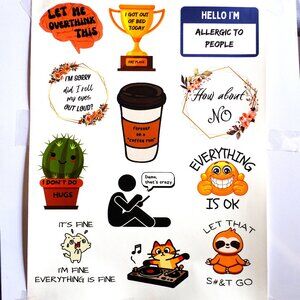 12 Handmade Colorful Funny Quotes Stickers, coffee, decorate, sarcastic, journal